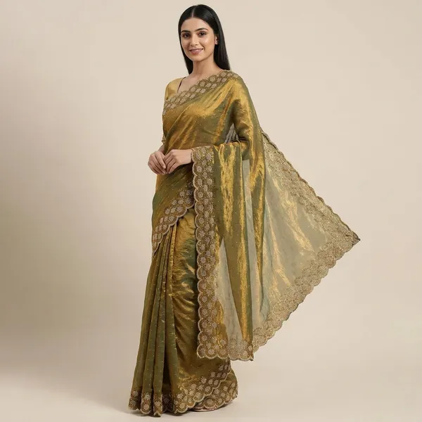 Olive_Green_Organza_Saree_With_Gold_Lace_Border_And_Blouse_Piece