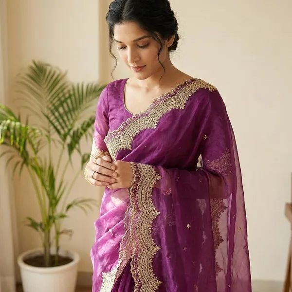 Women_Purple_Embroidered_Saree_With_Gold_Border_For_Wedding_Guests