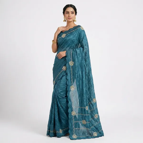 Teal_Blue_Embroidered_Saree_With_Rajasthani_Gota_Patti_Work_And_Blouse