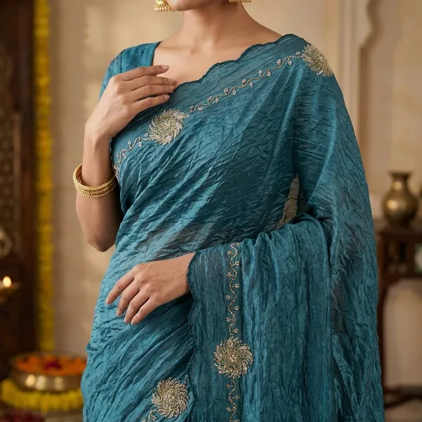 Teal_Blue_Embroidered_Saree_With_Rajasthani_Gota_Patti_Work_And_Blouse