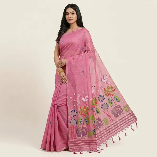 Pink_Handloom_Cotton_Saree_With_Woven_Floral_And_Swan_Motifs