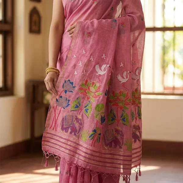 Pink_Handloom_Cotton_Saree_With_Woven_Floral_And_Swan_Motifs