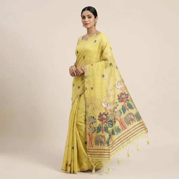 Yellow_Linen_Saree_With_Traditional_Lotus_And_Elephant_Block_Print_Motifs
