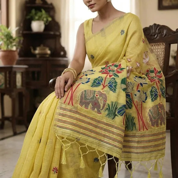 Yellow_Linen_Saree_With_Traditional_Lotus_And_Elephant_Block_Print_Motifs