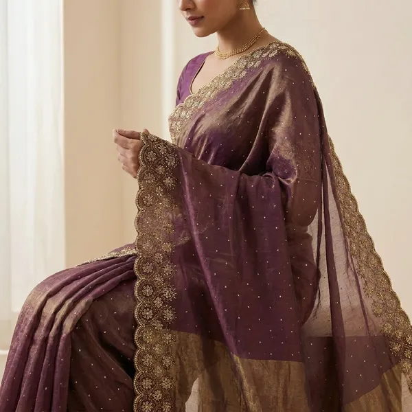 Wine_Organza_Silk_Saree_With_Gold_Floral_Thread_Embroidery