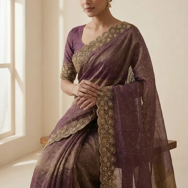 Wine_Organza_Silk_Saree_With_Gold_Floral_Thread_Embroidery