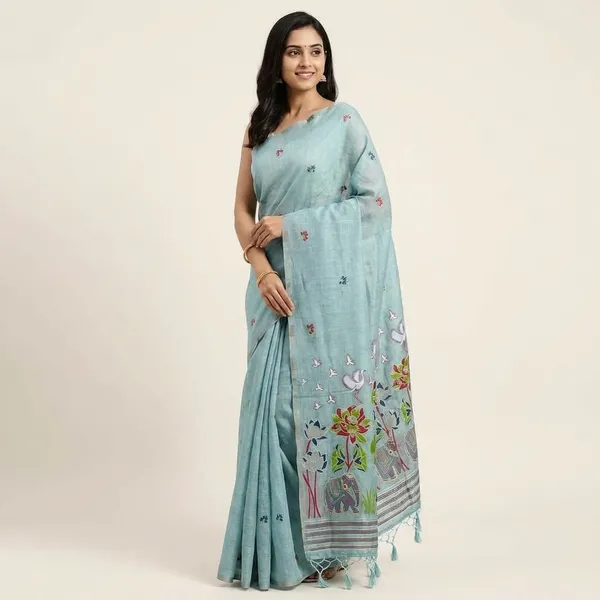 Sky_Blue_Pure_Linen_Saree_With_Floral_And_Elephant_Hand_Embroidery