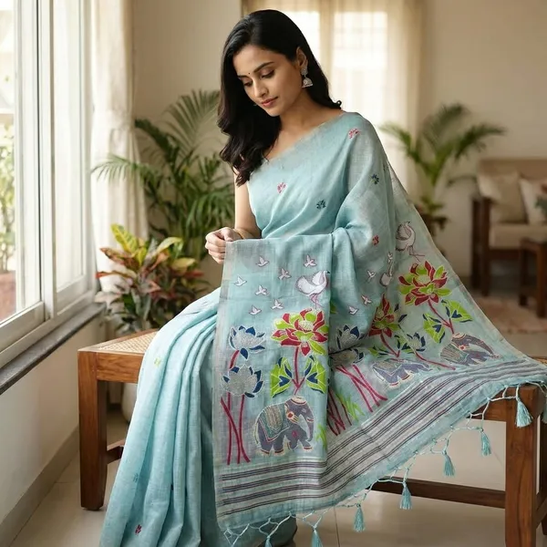 Sky_Blue_Pure_Linen_Saree_With_Floral_And_Elephant_Hand_Embroidery