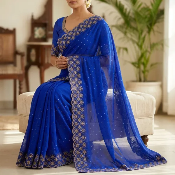 Royal_Blue_Georgette_Saree_With_Gold_Floral_Embroidery_And_Matching_Blouse