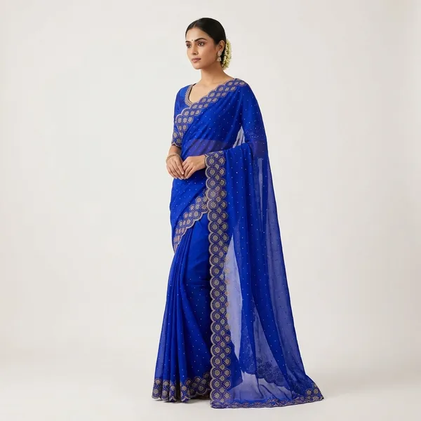 Royal_Blue_Georgette_Saree_With_Gold_Floral_Embroidery_And_Matching_Blouse