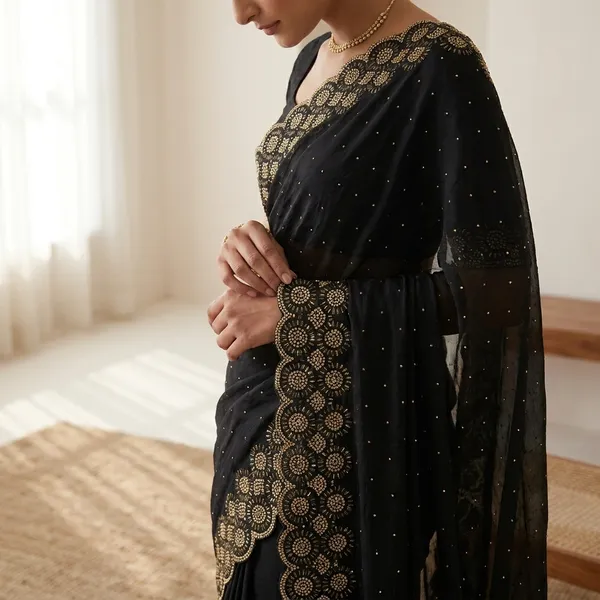 Black_Georgette_Cocktail_Saree_With_Gold_Embroidered_Border_And_Sequins