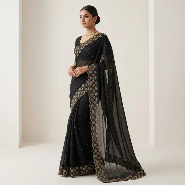 Black_Georgette_Cocktail_Saree_With_Gold_Embroidered_Border_And_Sequins