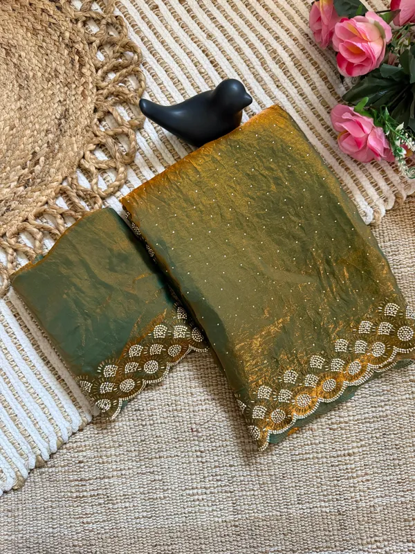 Olive_Green_Organza_Saree_With_Gold_Lace_Border_And_Blouse_Piece