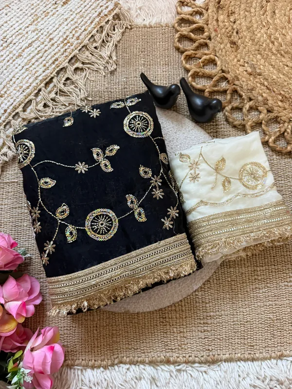 Black_Embroidered_Saree_With_Gold_Border_And_Contrast_White_Blouse