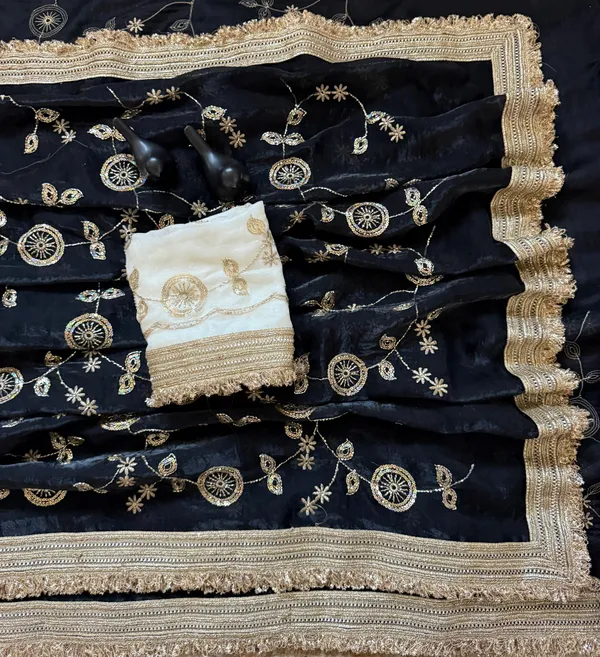 Black_Embroidered_Saree_With_Gold_Border_And_Contrast_White_Blouse