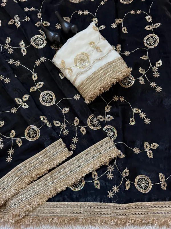 Black_Embroidered_Saree_With_Gold_Border_And_Contrast_White_Blouse