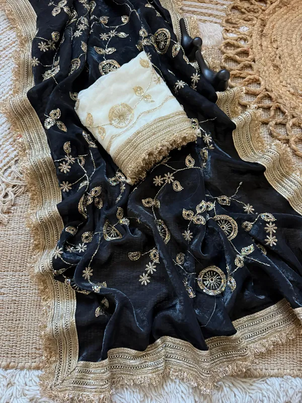 Black_Embroidered_Saree_With_Gold_Border_And_Contrast_White_Blouse