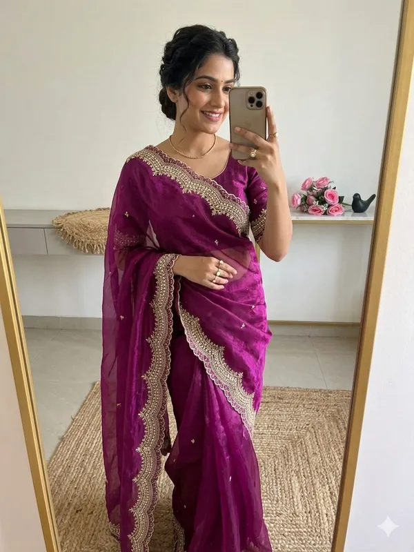 Women_Purple_Embroidered_Saree_With_Gold_Border_For_Wedding_Guests
