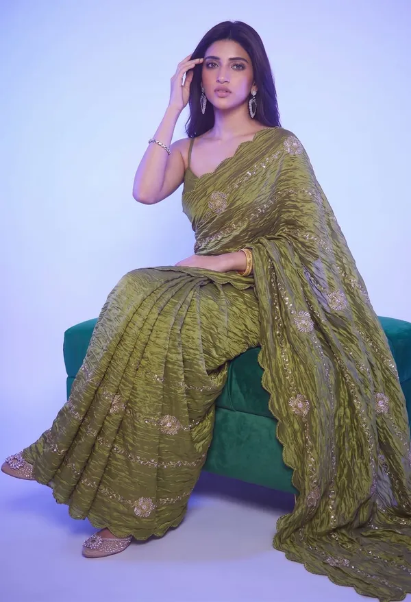 Designer_Olive_Green_Ruched_Ready_To_Wear_Saree_With_Sequin_Work