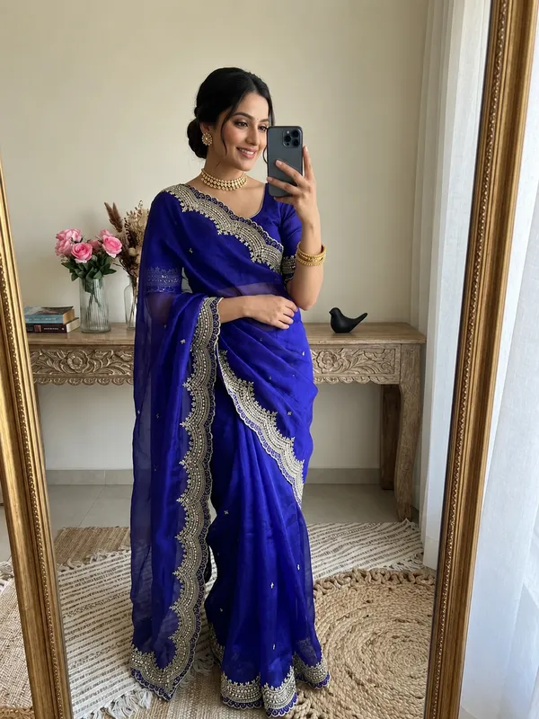 Royal_Blue_Festive_Saree_With_Gold_Embroidered_Border_And_Matching_Blouse