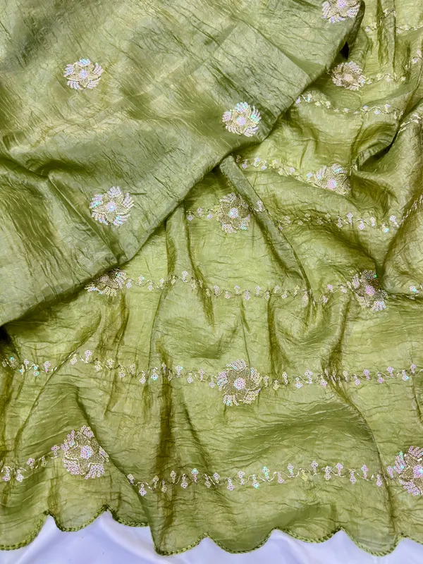 Designer_Olive_Green_Ruched_Ready_To_Wear_Saree_With_Sequin_Work