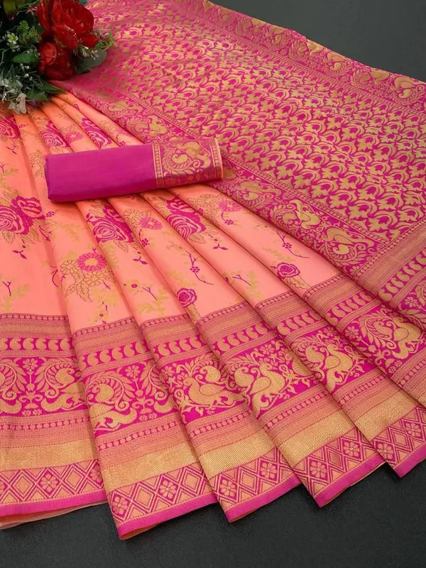 Peach_And_Magenta_Silk_Blend_Saree_With_Gold_Zari_Work_And_Blouse_Piece