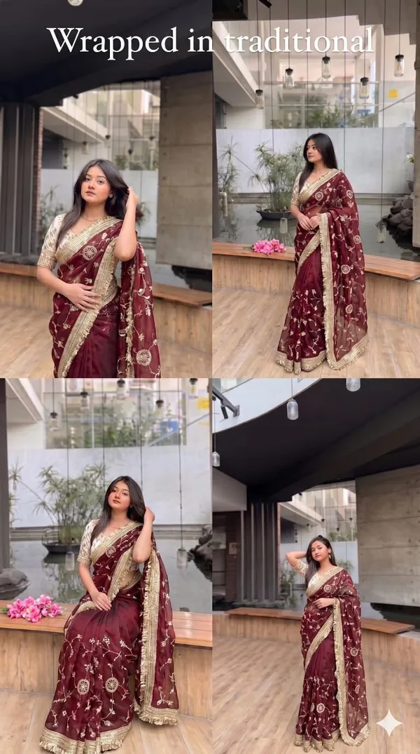 Maroon_Embroidered_Party_Wear_Saree_With_Gold_Border_And_White_Blouse