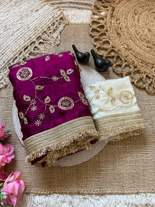 Purple_Embroidered_Saree_With_Gold_Border_And_Contrast_White_Blouse