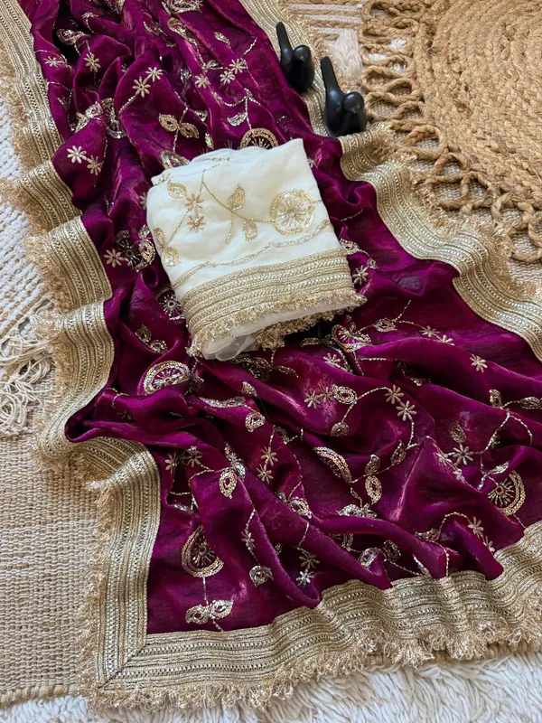 Purple_Embroidered_Saree_With_Gold_Border_And_Contrast_White_Blouse