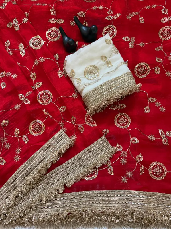 Red_Embroidered_Saree_With_Gold_Border_And_Contrast_White_Blouse