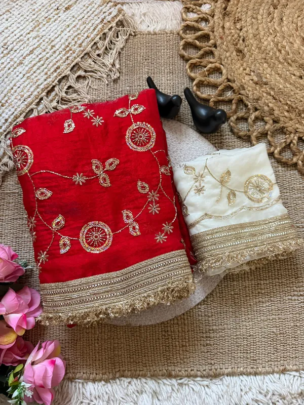Red_Embroidered_Saree_With_Gold_Border_And_Contrast_White_Blouse