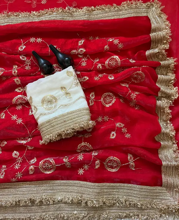 Red_Embroidered_Saree_With_Gold_Border_And_Contrast_White_Blouse