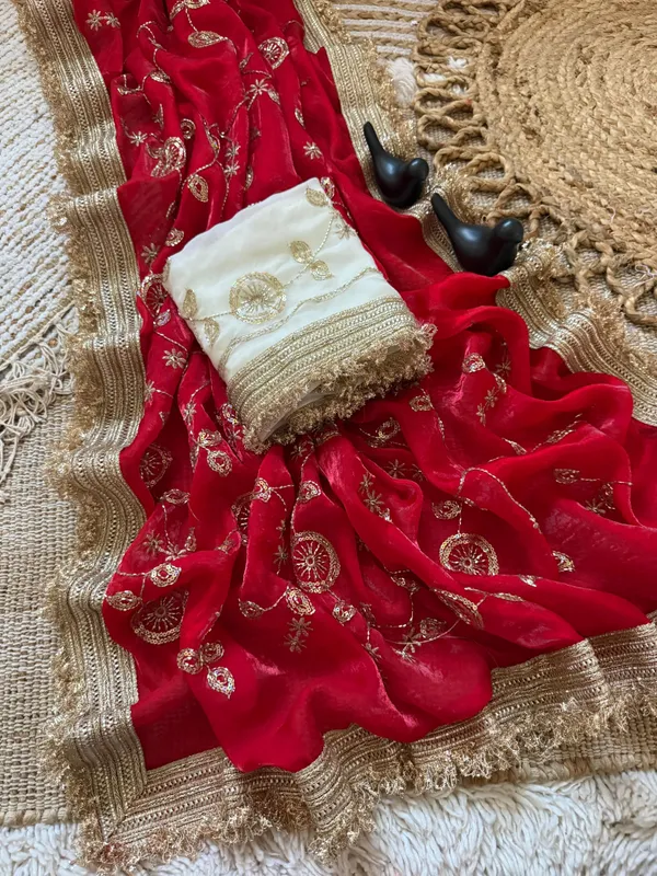 Red_Embroidered_Saree_With_Gold_Border_And_Contrast_White_Blouse