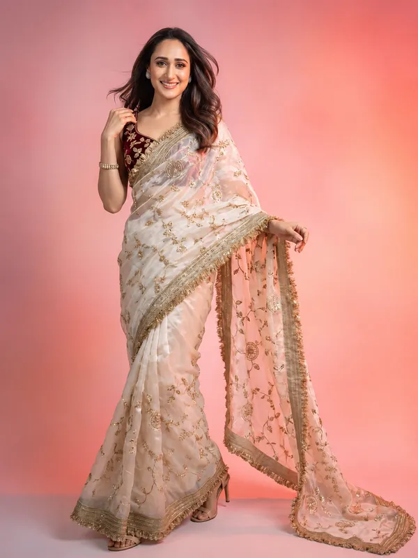 White_Embroidered_Saree_With_Gold_Border_And_Contrast_Maroon_Blouse