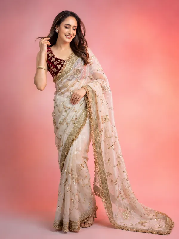 White_Embroidered_Saree_With_Gold_Border_And_Contrast_Maroon_Blouse
