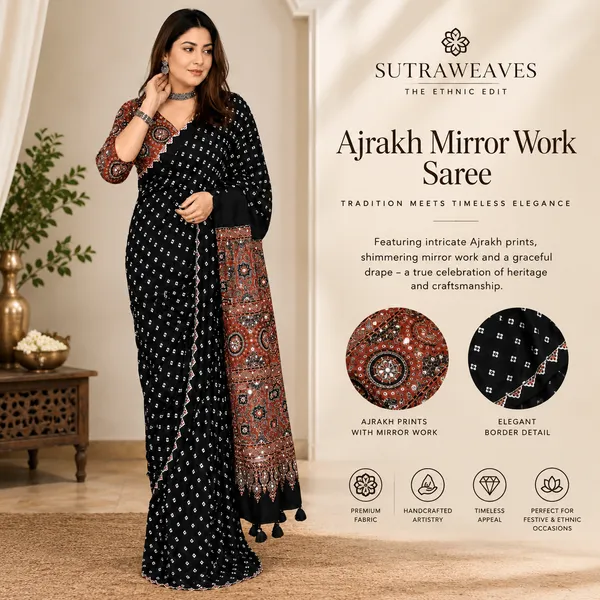 Ajrakh_Mirror_Work_Saree_for_Women_|_Black_Printed_Designer_Saree_with_Traditional_Ajrakh_Border