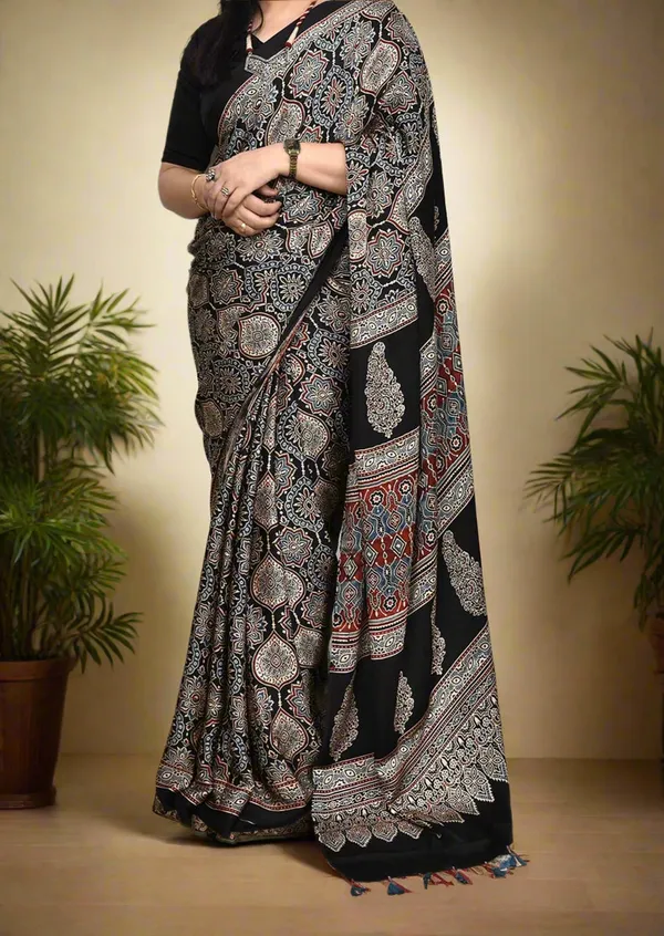 Maroon_&_Black_Floral_Ajrakh_Bindi_Japan_Silk_Saree_with_Rich_Pallu