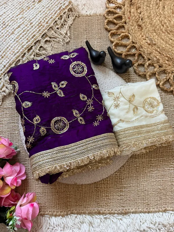 Blue_Embroidered_Saree_With_Gold_Border_And_Contrast_White_Blouse