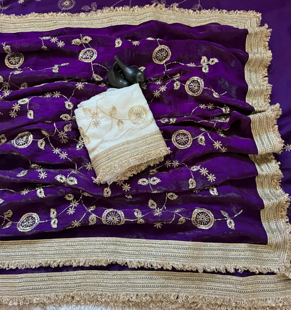 Blue_Embroidered_Saree_With_Gold_Border_And_Contrast_White_Blouse