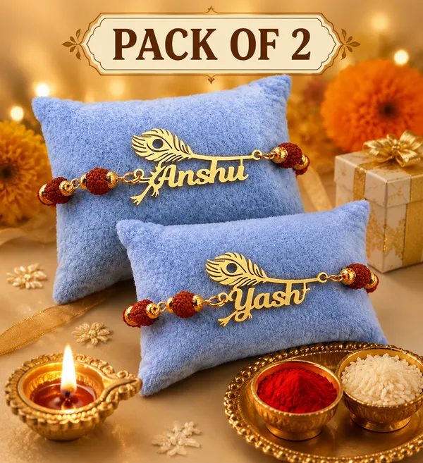 Personalized_Name_Rakhi_with_Peacock_Feather_&_Rudraksha_Beads_–_Custom_Gold_Finish_Rakhi_for_Brother_PACK_OF_-_2