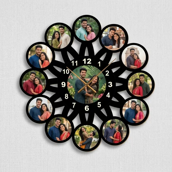 Customized_Sunburst_Geometric_Wooden_Photo_Wall_Clock_13_Pictures