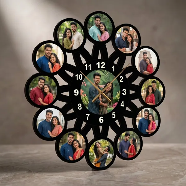Customized_Sunburst_Geometric_Wooden_Photo_Wall_Clock_13_Pictures