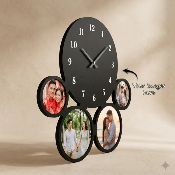 Customized_Round_Multi_Photo_Wooden_Wall_Clock_4_Pictures