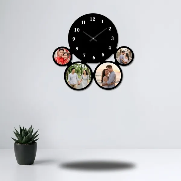 Customized_Round_Multi_Photo_Wooden_Wall_Clock_4_Pictures