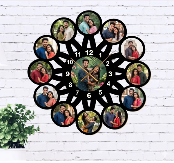 Customized_Sunburst_Geometric_Wooden_Photo_Wall_Clock_13_Pictures