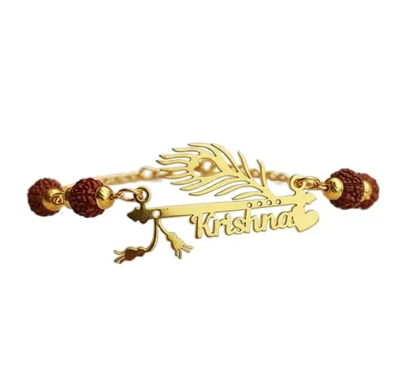 Personalized_Name_Rakhi_with_Flute_&_Peacock_Feather_Design_–_Custom_Gold-Finish_Religious_Rakhi_for_Brother