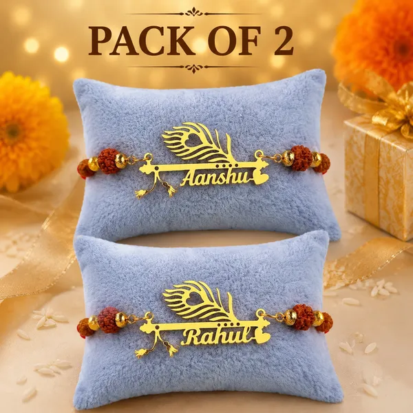 Personalized_Name_Rakhi_with_Flute_&_Peacock_Feather_Design_–_Custom_Gold-Finish_Religious_Rakhi_for_Brother_PACK_OF_-_2