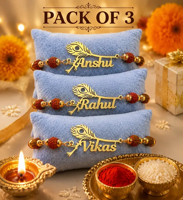 Personalized_Name_Rakhi_with_Peacock_Feather_&_Rudraksha_Beads_–_Custom_Gold_Finish_Rakhi_for_Brother_PACK_OF_-_2