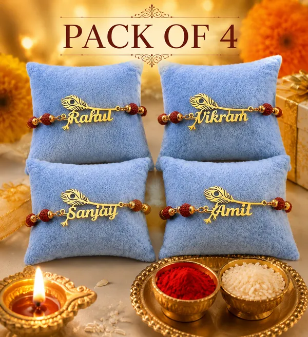 Personalized_Name_Rakhi_with_Peacock_Feather_&_Rudraksha_Beads_–_Custom_Gold_Finish_Rakhi_for_Brother_PACK_OF_-_4