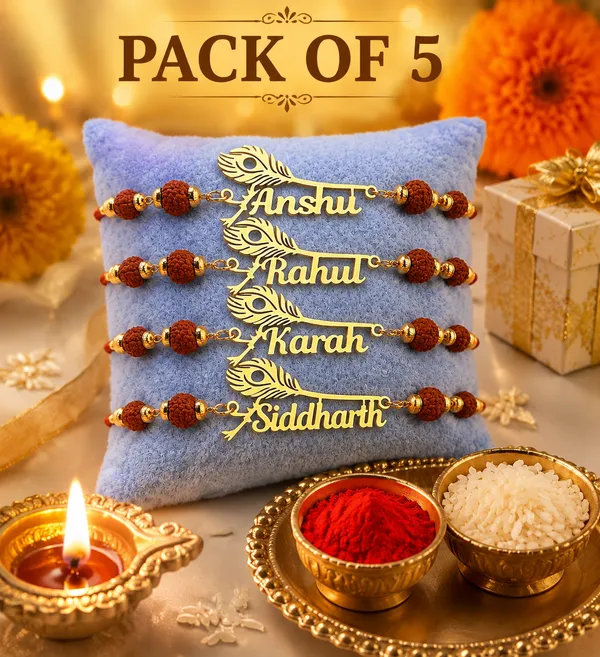 Personalized_Name_Rakhi_with_Peacock_Feather_&_Rudraksha_Beads_–_Custom_Gold_Finish_Rakhi_for_Brother_PACK_OF_-_5